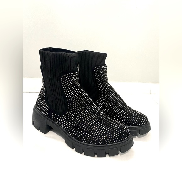 Forever Black Rhinestone Knit Combat Boot - Picture 2 of 13
